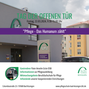 Das Bild zeigt, dass in der Pflegeschule Bad Kissingen am 22.03.24 zwischen 09:30 Uhr und 15:00 Uhr ein Tag der offenen Tür stattfindet.